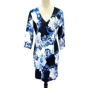Boston Proper Blue White Floral V-neck 3/4 Sleeve Scuba Sheath Dress Feminine